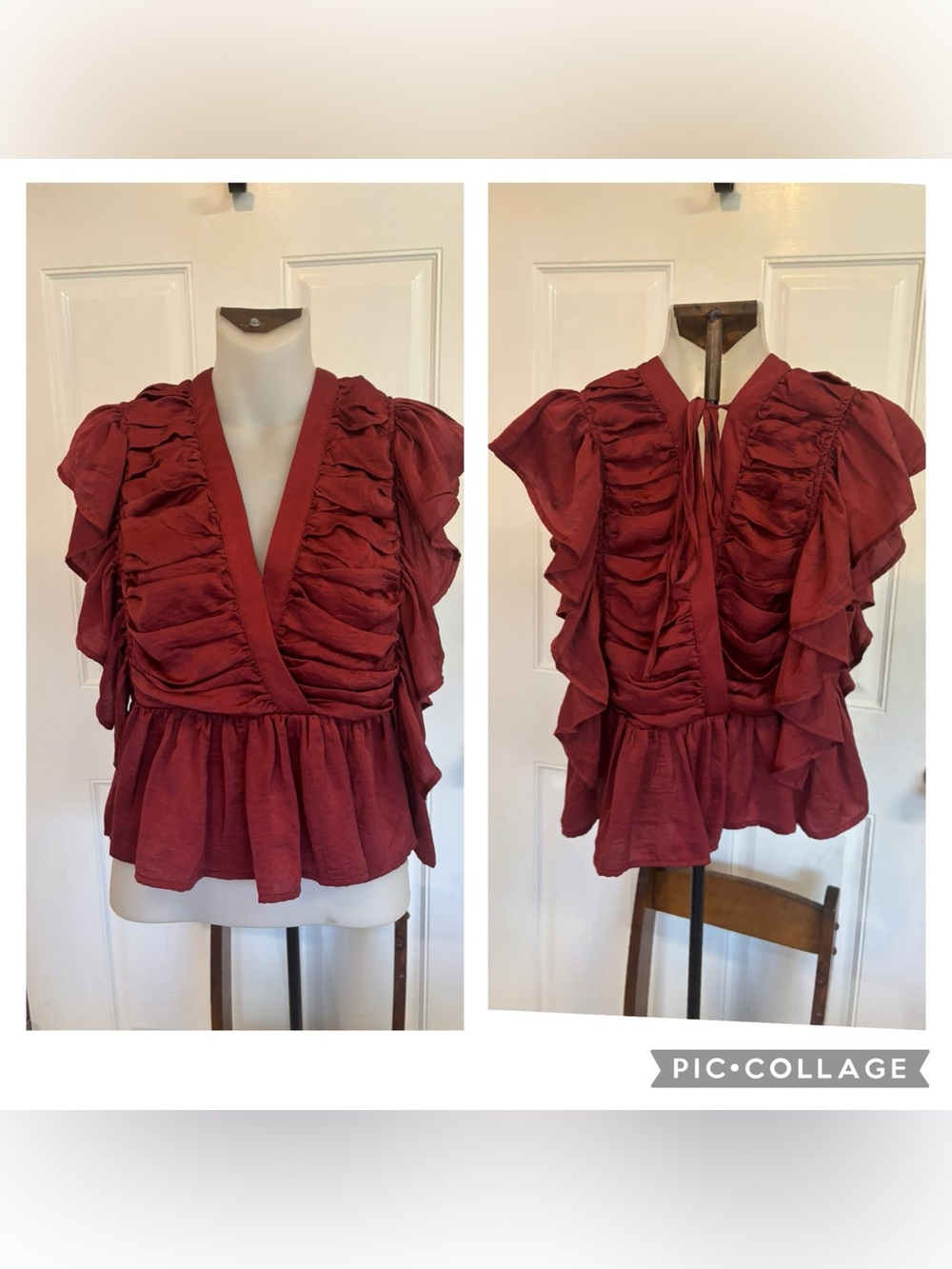 Large Entro solid burgundy ruched/ruffled peplum flutter sleeveless top.  In EUC